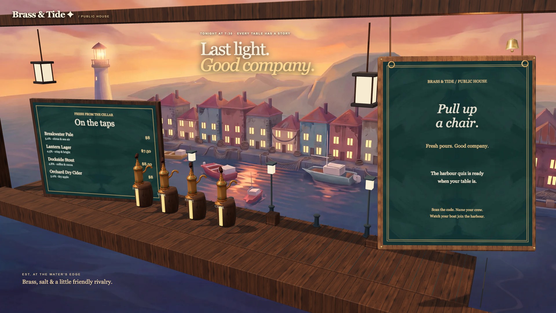 Brass & Tide’s working harbour wall with taps and hanging slate