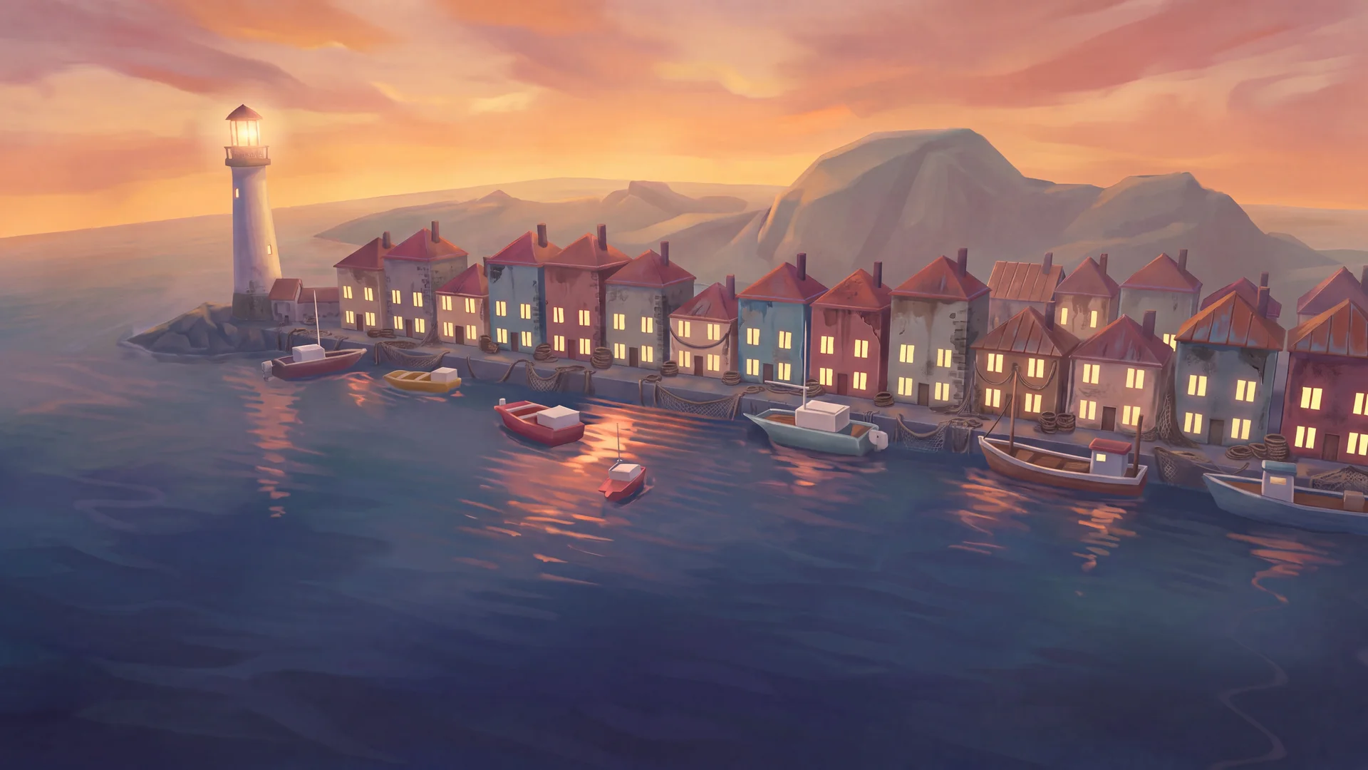 Painted coastal harbour in warm evening light